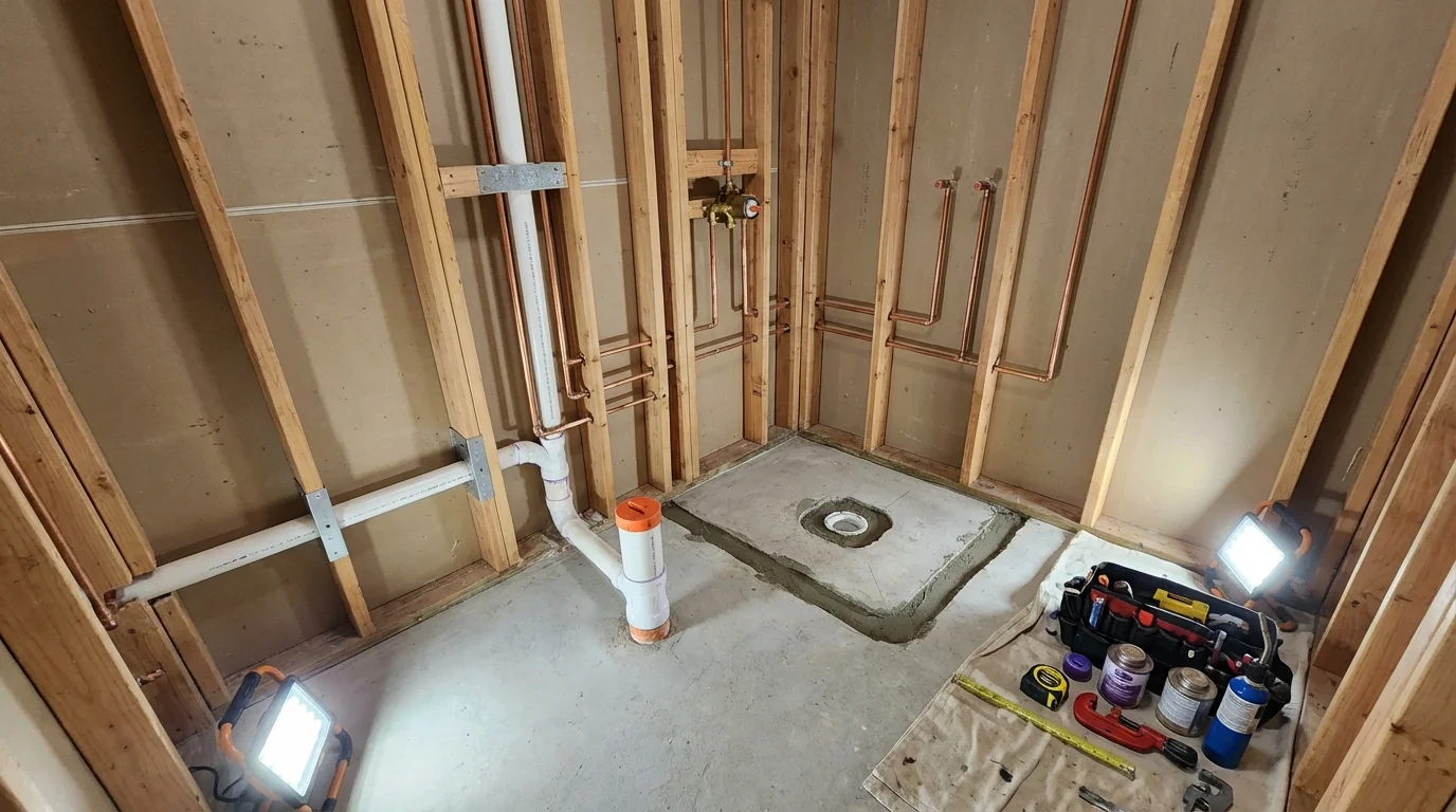 Bathroom rough-in plumbing during remodel by Johns Plumbing LLC in Dawson Springs