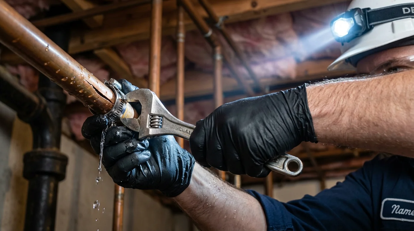 Emergency pipe clamp repair being performed by a Johns Plumbing LLC plumber in Dawson Springs