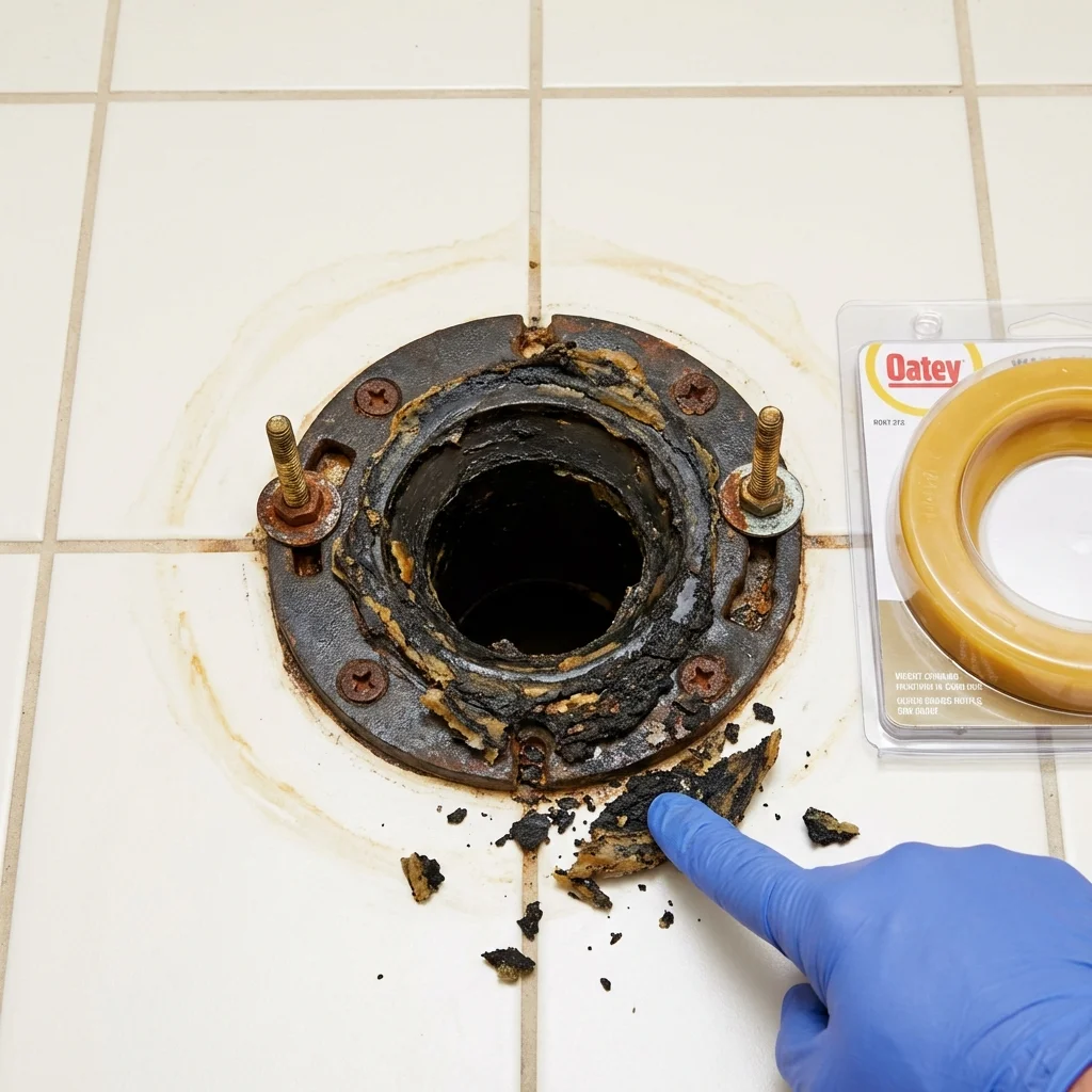 Failed wax ring showing water seepage at the base of a toilet in a Dawson Springs, KY home
