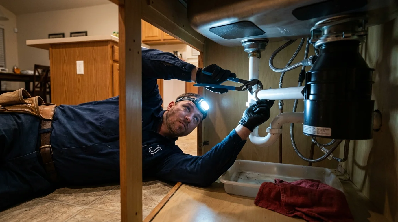 P-trap and supply line connections under a kitchen sink showing a common leak point in Dawson Springs, KY